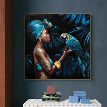 Abstrakt Africkej Ženy Hrať Papagáj Plagát Plátno na Maľovanie Vytlačí Vintage Wall Art Obrázky pre Obývacia Izba Dekor Interiéru Cuadro