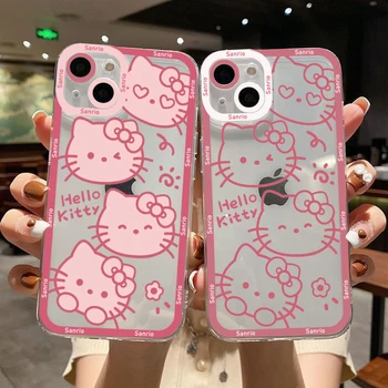 Kawaii Sanrio Hello Kitty Telefón puzdro pre IPhone 15 14 13 12 Mini 11 Pro Max X XR XS 7 8 Plus Mäkké Silikónové Y2k Dievča Jasné Kryt