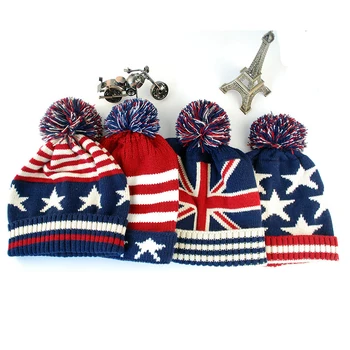 Muži Zimné Pom Poms loptu Pletené Čiapky Pre Ženy Unisex Bežné Britskej a Americkej národnej vlajky klobúky Skullies Čiapočku klobúk Gorros