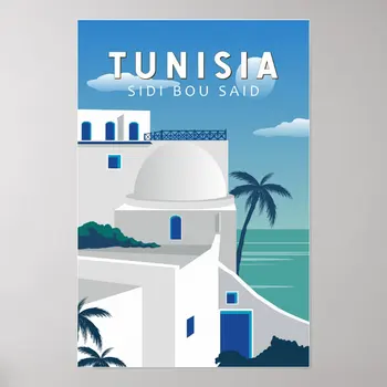 Sidi Bou Said Tunisko Retro Cestovanie Umenie Vintage Plagát Plagát Domov Moderného Umenia Zábavný Obrázok Tlače Izba Vintage Decor Č Rám