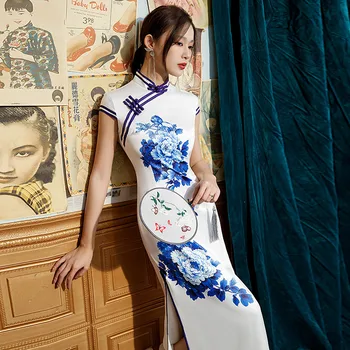 Vintage Čínsky Štýl Šaty Elegantné Ženy Qipao Tlač Kvet Cheongsam Plus Veľkosti 4Xl 5Xl Vestidos Nový Rok Čínske Šaty