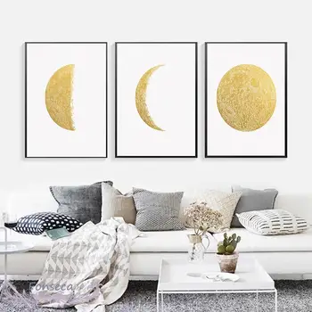 Zlato Mesiac Tri Fázy Plátno Plagát Minimalistický Stenu Umenie Abstraktné Luna Maľovanie Full Moon Half Moon Nový Mesiac Fotografie