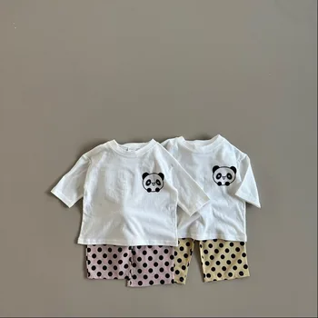 2023 Kórea Jar Leto Baby Girl Cusual 2PC Oblečenie Nastaviť Bavlna Panda Vytlačené Polovičný Rukáv Klesnutie Tričko Pevné Dot Šortky Oblek