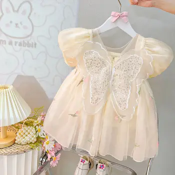 2023 Lete Elegantné Motýlie Čipky Bublina Rukáv Kvet Sladká Princezná Narodeninovej Oslavy Svadby, Detské Oblečenie, Detský Oblečenie
