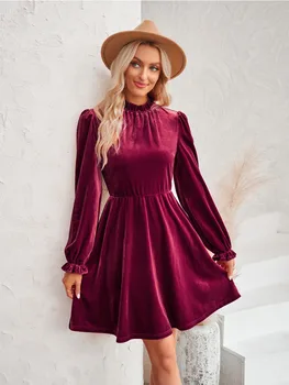 2024 Nový Elegantný Retro Velvet Krátke Šaty pre Ženy Jeseň Bežné Červená Lístkového Rukáv Šaty Módne Turtleneck A-line Šaty