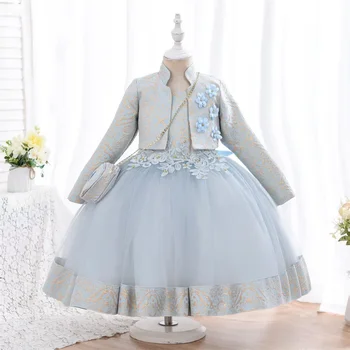 3ks/set Nafúknuté Šaty pre Dievčatá Žakárové Vzor Tylu Patchwork Deti Oblečenie 3D Appliques Bežné Narodeniny Šaty