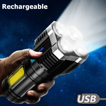 4 LED Baterka USB Camping Pochodeň Nabíjateľná Vonkajšie Mini Prenosné Baterka Zvýrazniť Taktické Svietidlá COB LED Baterky