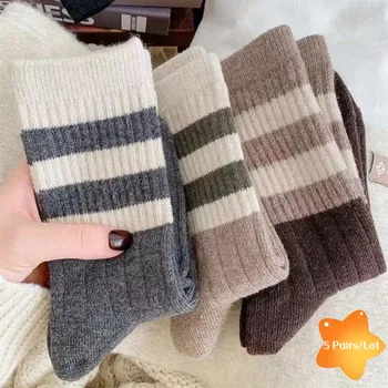 5 Párov Retro Stripe Ponožky pre Ženy Jeseň a v Zime Polovice Dĺžky Japonských a kórejských Classic Univerzálny Škole Štýl Ponožky