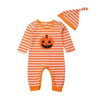 Baby Boy Halloween Oblečenie Tekvica Pruhované Tlač Dlhý Rukáv Romper Jumpsuit a Čiapočku pre Dieťa Batoľa Jeseň Oblečenie