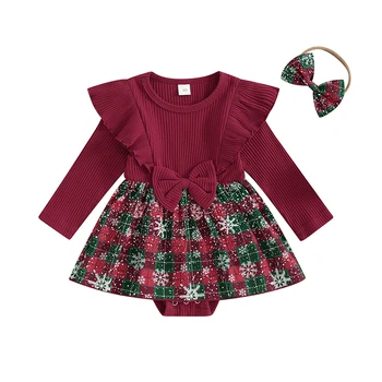 Baby Dievčatá Vianočné Oblečenie s Dlhým Rukávom Snehu Tlač Koberčeky Romper Šaty s hlavovým oblúkom Oblečenie Set sa