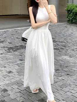Bez Rukávov Elegantné Dlhé Biele Šaty Žien 2023 Kórejský Módne Šaty Jar Leto Cestovať Dámy Sladké Jednofarebné Oblečenie