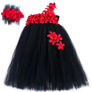 Black & Red Flower Fairy Tutu Šaty Jedno Rameno Deti Princezná Šaty Plesové Šaty Dievčatá Vykonávať Svadobné Party Formálne Tylu Šaty