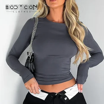 Bodycon Ostrihané Tees y2k Oblečenie Pre Ženy, jednofarebné O Krk Dlhý Rukáv T Shirt 2000s Plodín Topy Bežné Streetwear