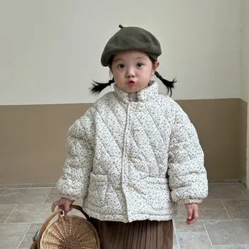 Deti Oblečenie kórejku Zimné Bavlna-vatovaný Kabát s Fleece Hrubé Kvetinový 2023 Nové Módne Zimné Detská látková Bunda