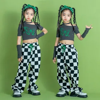 Dievčatá Hip Hop Off Ramenný Plodín Top Oversleeve Street Dance Kockované Nohavice Dieťa Streetwear T-shirt Oblečenie Sady Deti Jazz Kostýmy