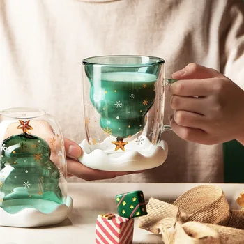 Dvojitá izolácia Vianočný pohár s viečkom, konferenčný sklenený pohár, tepelne-odolné, vysoko borosilikátového a vysokej vzhľad Christmas cup