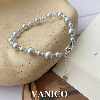 Gray Pearl Korálky Náramok Mincový Striebro Elegantné Módne Imitácia Perly A Korálkové Náramky pre Ženy kórejský Módne Šperky