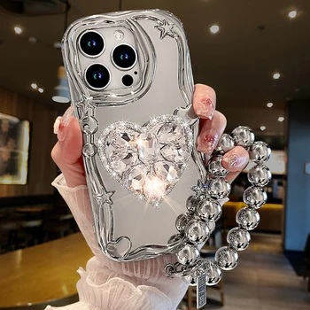 in Kórea Star Silver Pokovovanie 3D Diamond Srdce Držiak Popruhu Telefón puzdro Pre iPhone 15 14 13 12 11 Pro Max X XS XR 7 8 Plus +