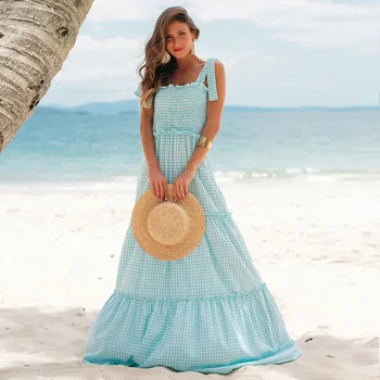 Jar, leto, pláž, modrá nové sexy bez rukávov halters šaty farbou dlhé šaty