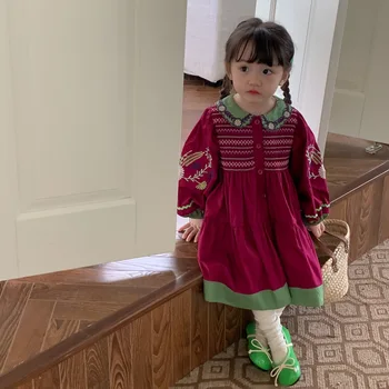 Kórejský detské Oblečenie na Jar Nový Roztomilý Výšivky Ťažká Práca Dievča Šaty Dievča Narodeniny Formálne Šaty Zljg