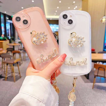 Lesk Transparentné Telefón Prípade Pearl Reťazca Mäkké Pokrytie 3D Diamond Swan Pre iPhone 15 14 13 12 11Pro Max X XR XS 7 8Plus Móda