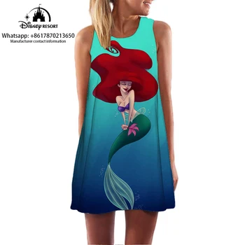 Letné Beach Club Ariel malá Morská víla Cartoon Disney Kolekcia 3D Tlačené Šaty bez Rukávov Streetwear Boho Žien O Krk Šaty