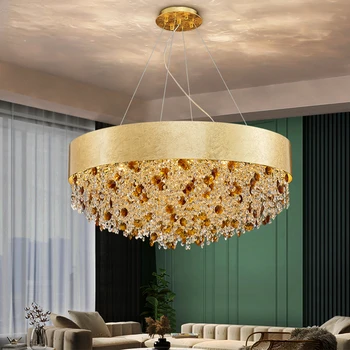 Moderné krištáľový luster pre obývacia izba domova visí cristal lampa kola zlata led svietidlo s stmievateľné