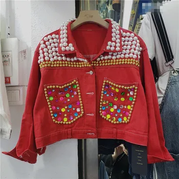 Móda Multicolor Flitrami Pearl Denim Jacket Kabát Ženy Voľné Krátke Červená Modrá Kovboj Vrchné Oblečenie Veľké Vrecko Džínsy, Bundy Žena