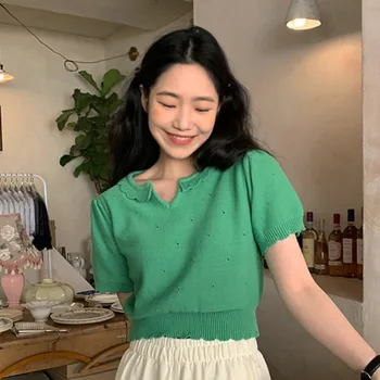 Móda Ženy Tričká, Vintage Zrastov Ostrihané Sveter Topy Kórejský Lístkového Rukáv Žena Tshirts Jeseň Roku 2023 Femme Volánikmi Sladký Čaj