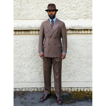 Pánske dvojdielne Stripe Oblek (Sako+Nohavice) Nový kvalitný a Pekný Dvojité Breasted Bežné Štíhly Muž Oblečenie