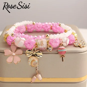 Rose sisi kórejský štýl čerstvé roztrhnutie korálky náramok pre ženy Ručné elastické lano kvet lízatko prívesok náramok set šperkov