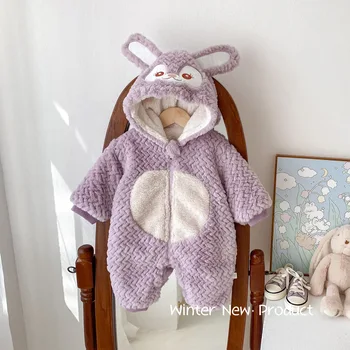 Roztomilý príjemné Svetlo Fialová Kožušiny Jumpsuit 0-2 Rok Staré Zimné detské Oblečenie, Detská Rabbit Kapucňou Romper Detské Oblečenie