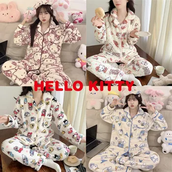 Sanrio Hello Kitty Žien Zime Teplý Flanel Pyžamá Sady Kawaii Cartoon Plyšové Flanelové Loung Sleepwear Pijama Noc Vyhovuje PJ