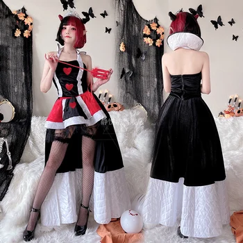 Sexy Kráľovná Cosplay Halloween Kostým pre Ženy Šaty Karty Červené Srdce Broskyňa Srdce Hranie Rolí Strany Disfraz Vesitdos Anime