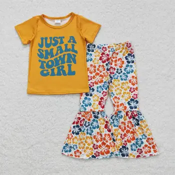 Veľkoobchod, Baby, Dievčatá, Batoľa Orange Krátke Rukávy T-shirts Deti Bell Nohavice Infant Jar Jeseň Oblečenie, Detská Deti Kvetinové Sady