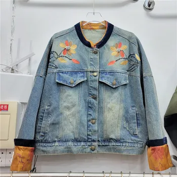 Vintage Blue Rozštiepené Výšivky Denim Jacket Ženy Voľné Krátke Kovboj Vrchné Oblečenie Na Jeseň Kórejský Stojan Golier Jeans Bunda Žena