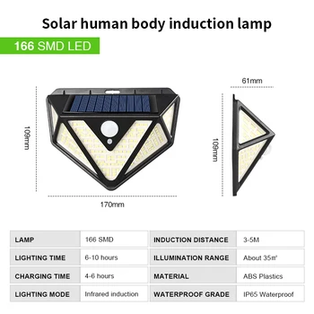 Vonkajšie Solárny Snímač Pohybu Nástenné svietidlo 166 LED 270° Široký Uhol IP65 Vodeodolný 3 Režimy Bezdrôtový Solárne Záhradné Verandu Lampy