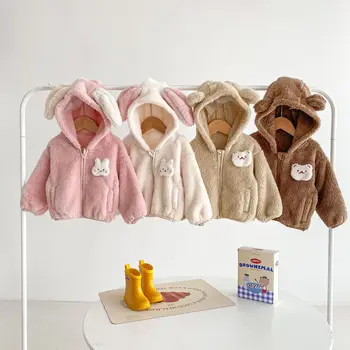 Zimná Fleece Mäkké Coats pre Deti, Dievčatá 0-5Y kórejský Roztomilý s Dlhým Rukávom s Kapucňou Medveď Outwear Deti Teplou Farbou Srsti