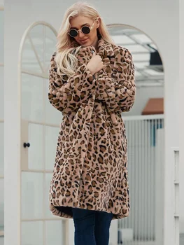 Zimné dámske Teplé Umelú Kožušinu Dlhá Srsť Leopard Voľný čas Ženy Shaggy Kožušiny Dlhé Bundy Hrubé Načechraný Luxusné Bontjas vrchné oblečenie 2023